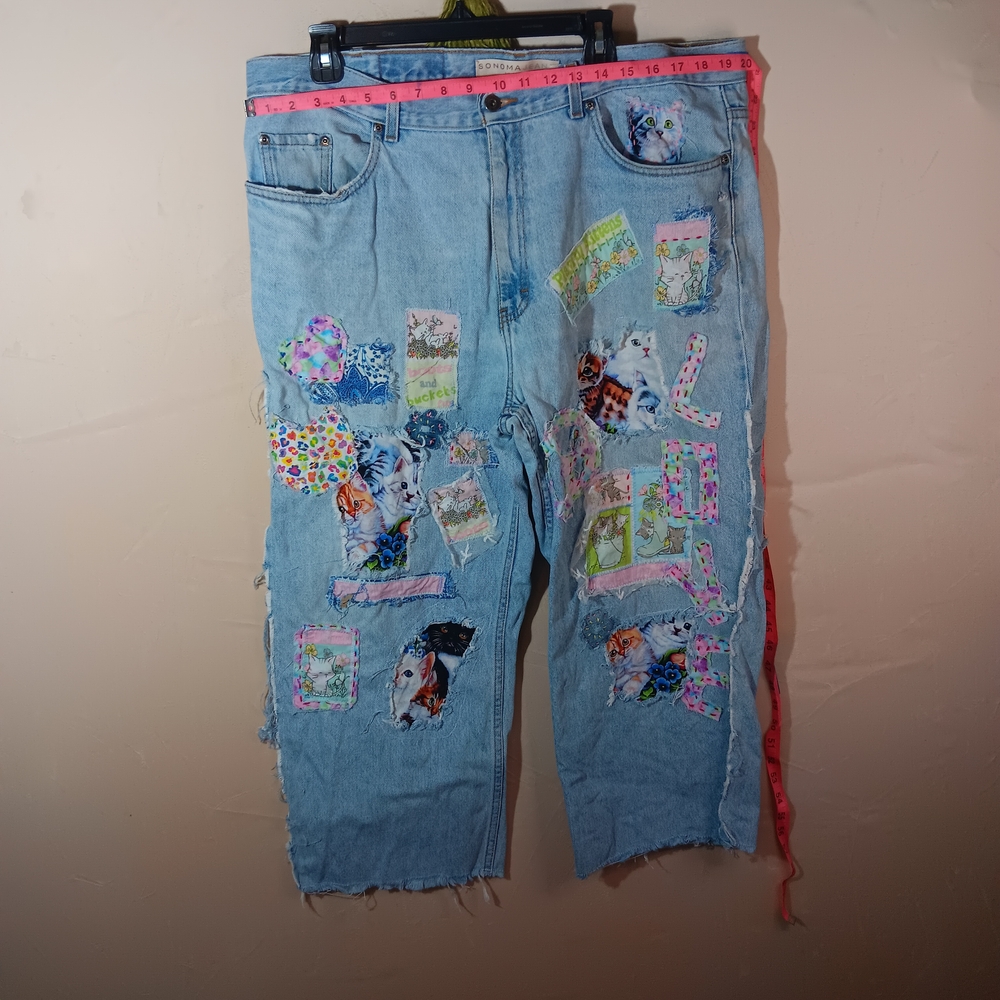 🐞Upcycle Kittens Fun Sonoma Women's Flare Jeans with Colorful Patches